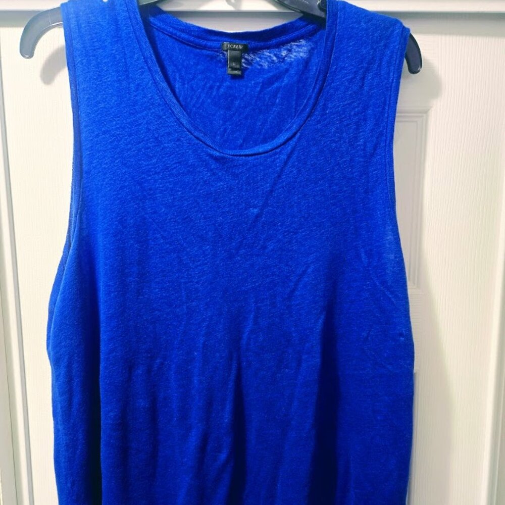J. Crew cerulean blue linen sleeveless tunic top with pom pom hem. Size L